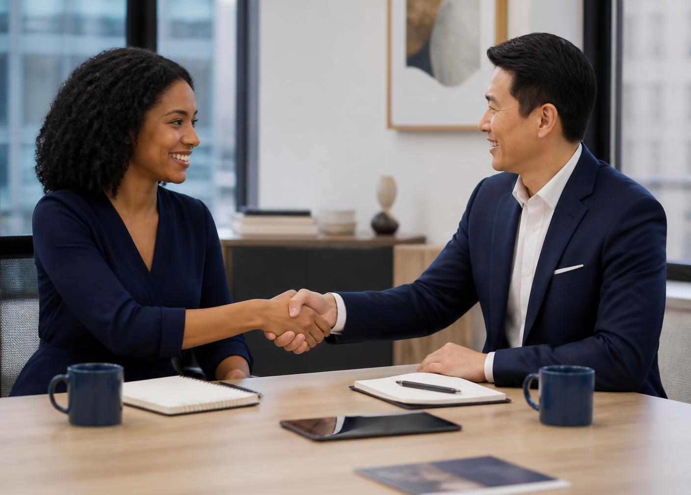 Two Wake County professionals shaking hands after a referral introduction